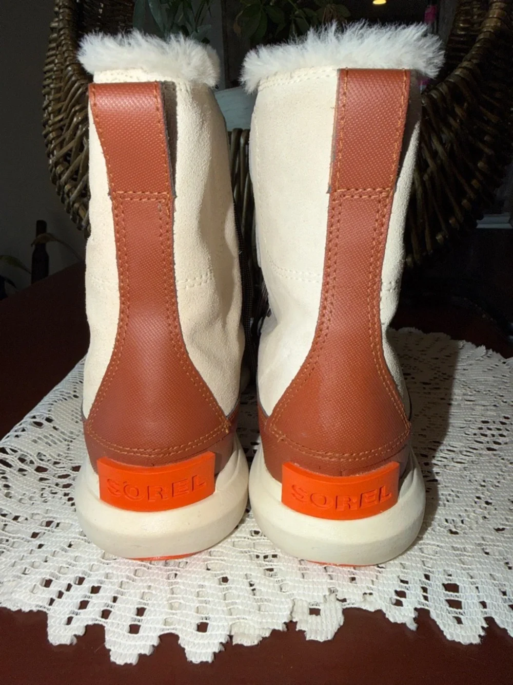 Sorel Cream and Brown Faux-Fur Lace-Up Winter Boots